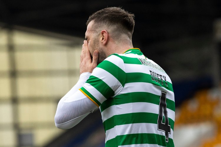 Rangers fans mock Celtic's Shane Duffy with banner outside Parkhead as they close in on '55'