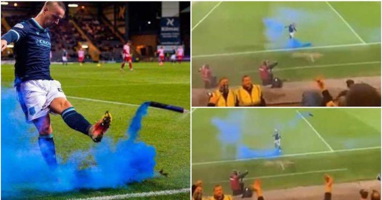 Footage shows the scary moment Leigh Griffiths booted flare at rival fans during defeat
