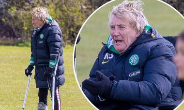 Rod Stewart watches son Aiden's match on crutches after ankle surgery